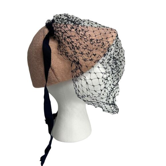 Vintage Wilshire Pink Sequined Thread Hat with Navy Blue Veil Circa 1940s - Picture 4 of 12